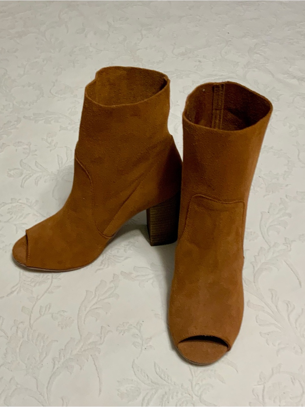 Chinese Laundry Suede Peep-Toe Ankle Boots in Cognac Brown, size 6